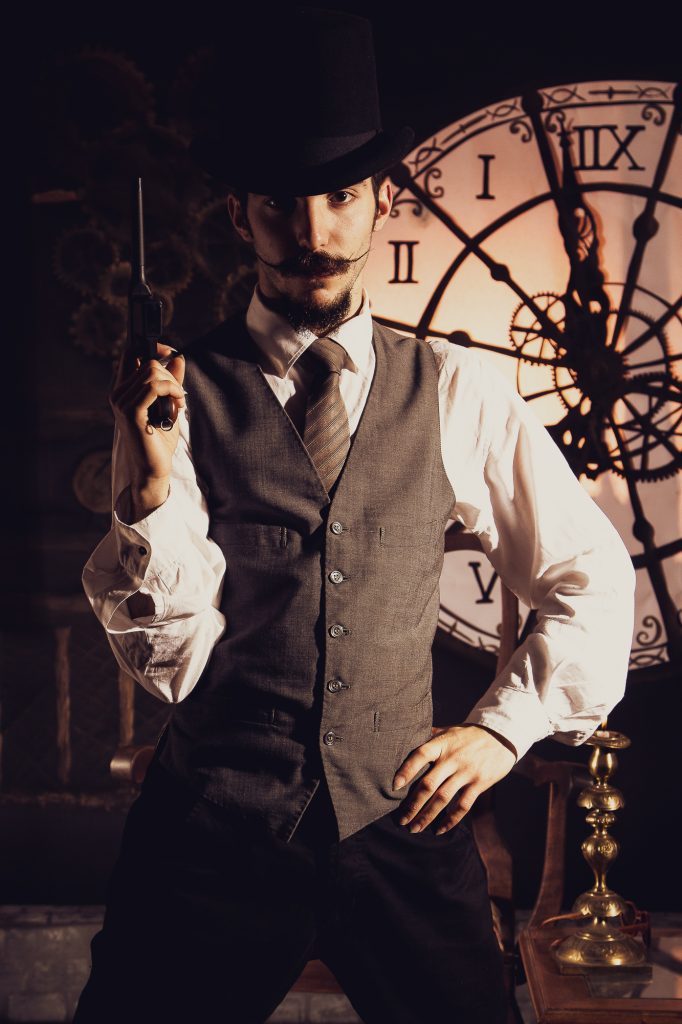 Book temático en estudio con fondo de reloj y escenografía para miembros de Sociedad Steampunk Argentina. 